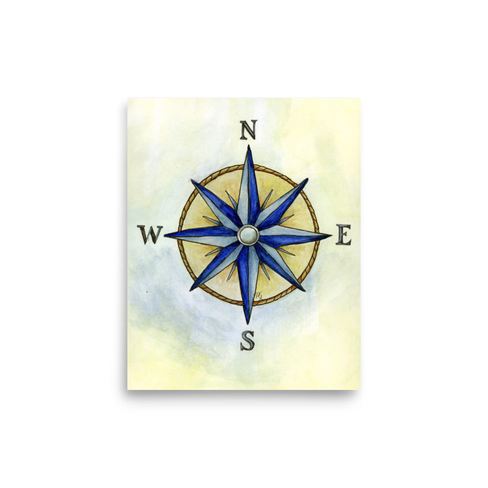 watercolor compass rose illustration with soft blue tones