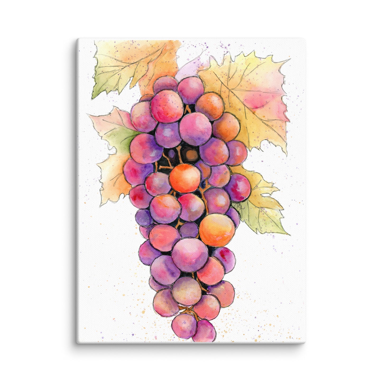 watercolor painting of gathered grapes in purple and green on soft white background
