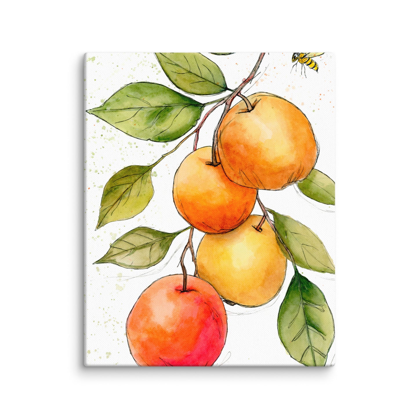 watercolor apples with small bee illustration on canvas