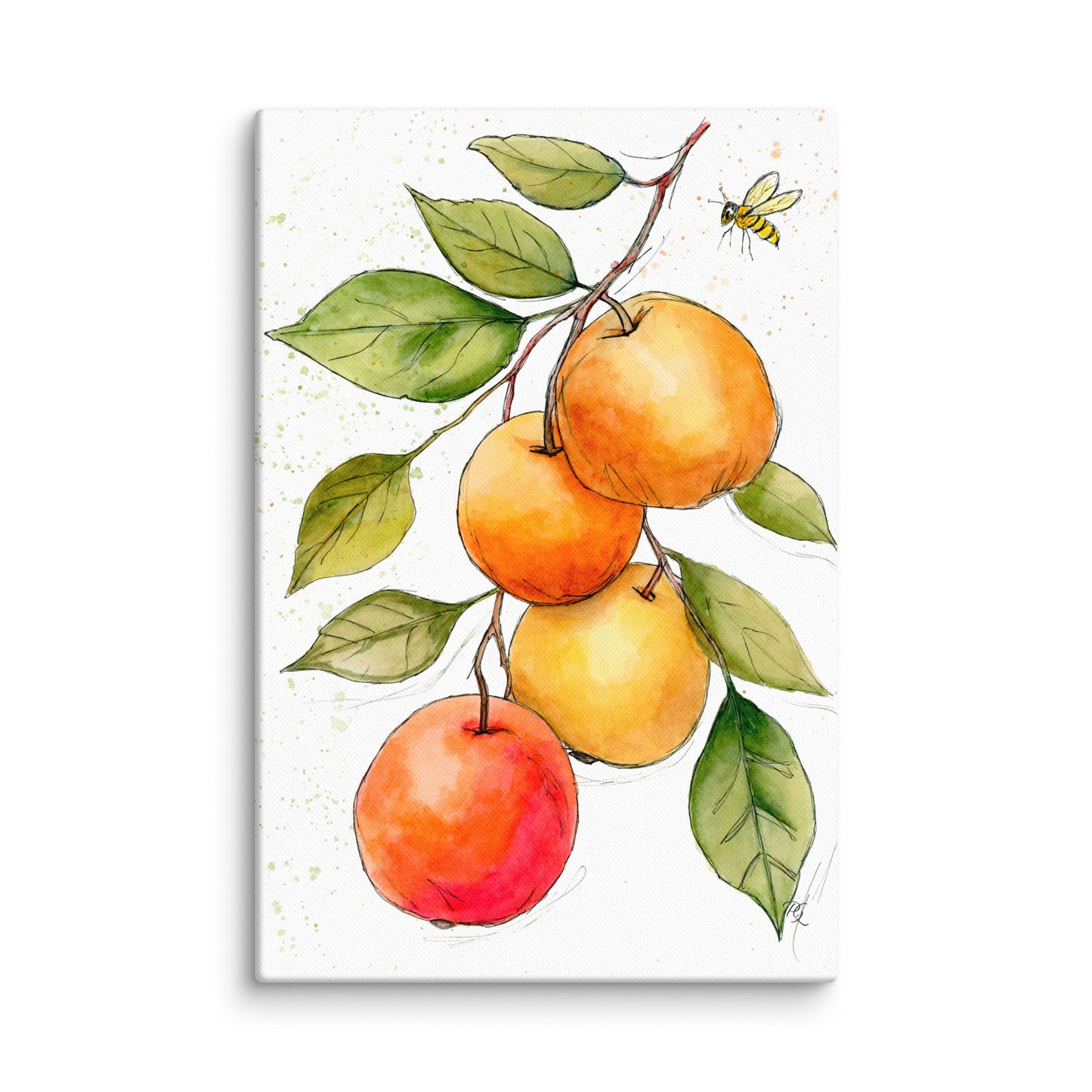 nature-inspired watercolor fruit art titled Apples and the Bee