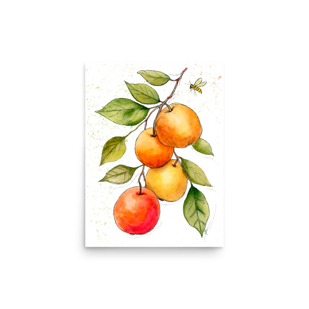 nature-inspired watercolor fruit art titled Apples and the Bee