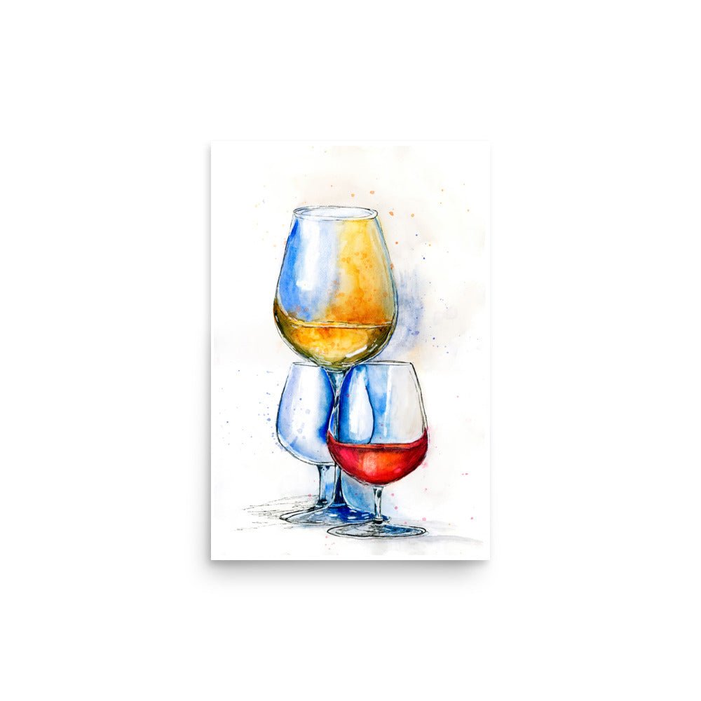 abstract watercolor painting with three wine pours in bold color