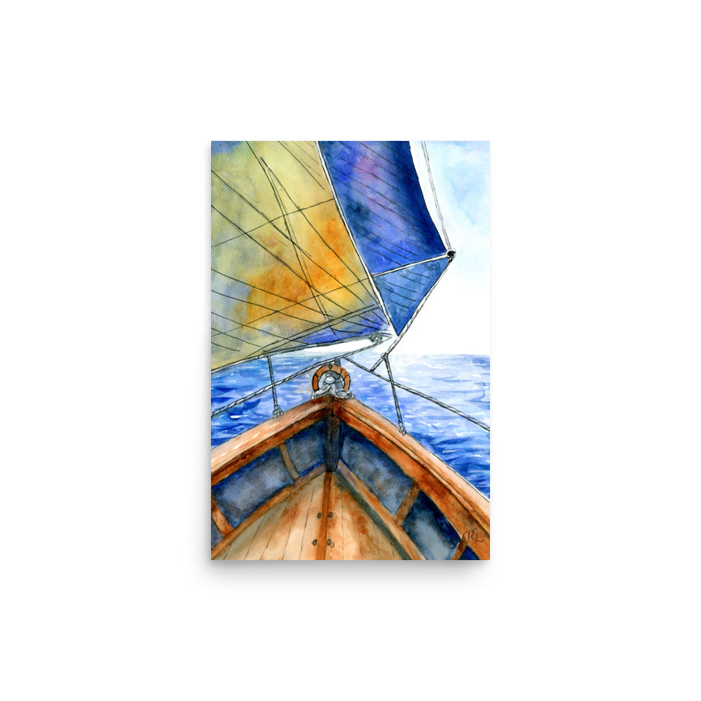 watercolor sailboat painting with large white sail over calm water