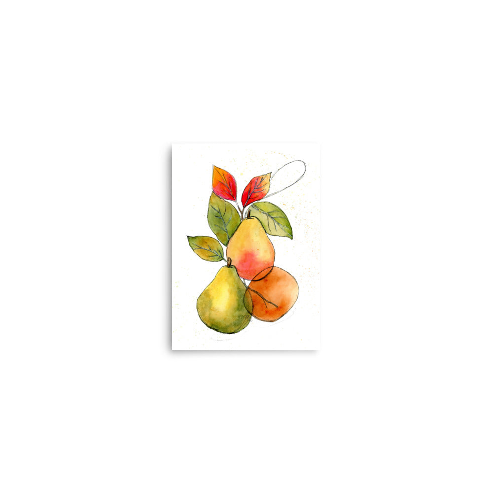 watercolor pears in warm autumn tones on canvas