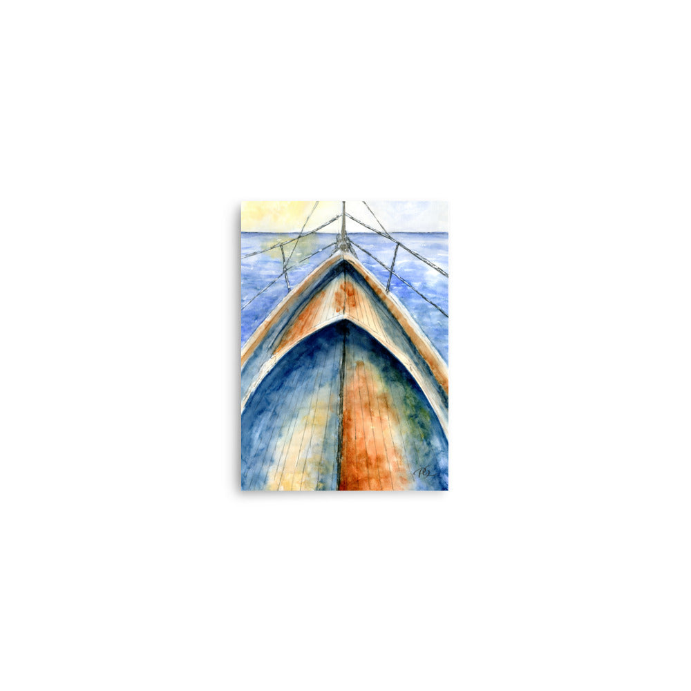 watercolor boat artwork with subtle ocean and sky