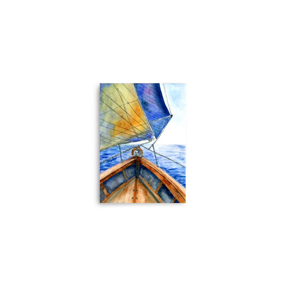 soft blue and white sailboat artwork in minimal coastal style