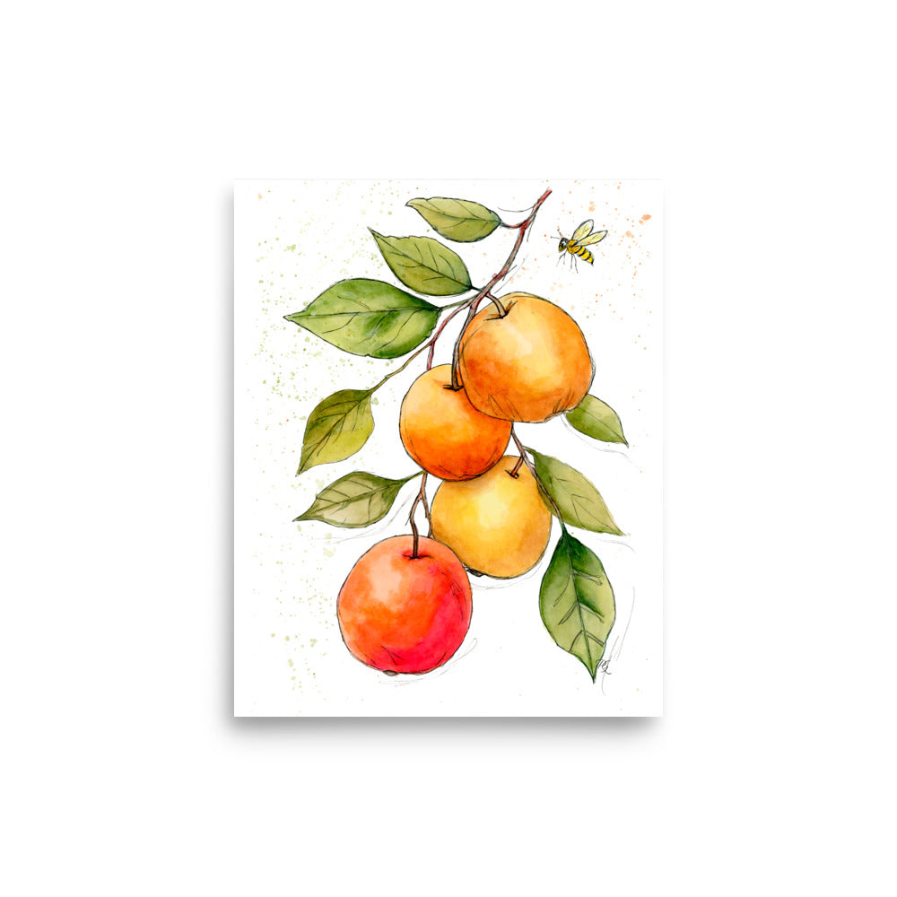 soft red apples painting with bee detail in watercolor