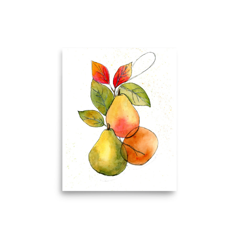 Autumn Pears watercolor illustration on gallery canvas