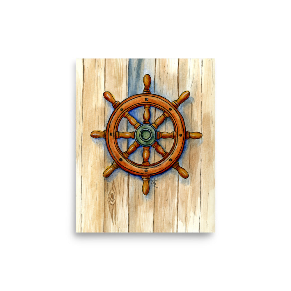 watercolor ship’s wheel painting in warm brown tones