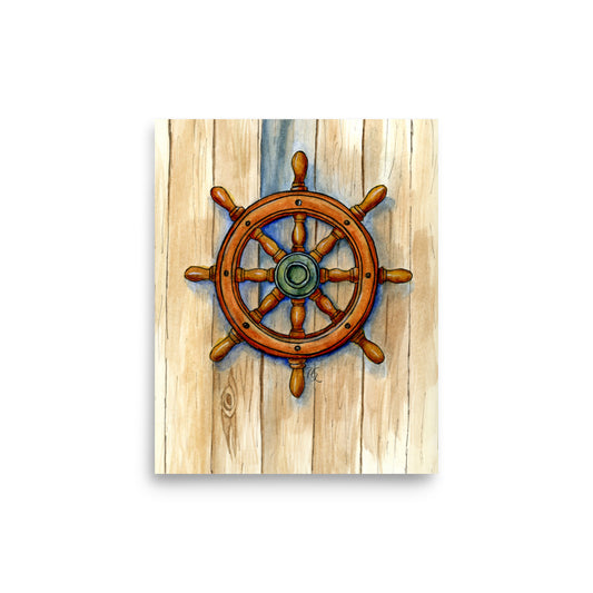 watercolor ship’s wheel painting in warm brown tones