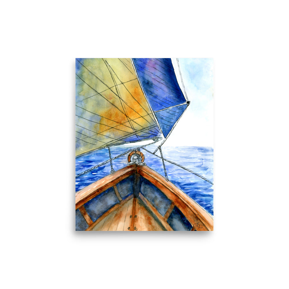 watercolor boat illustration with wide sail and gentle horizon
